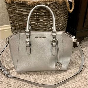 Michael Kors Large Silver Handbag with attachable crossbody strap. Like new!